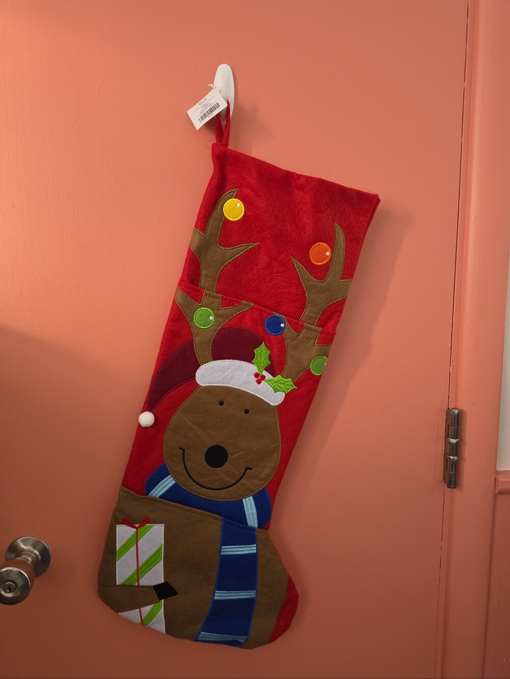 NWT 30" XL Felt Festive Reindeer Red Christmas Stocking Front Pockets For Gifts